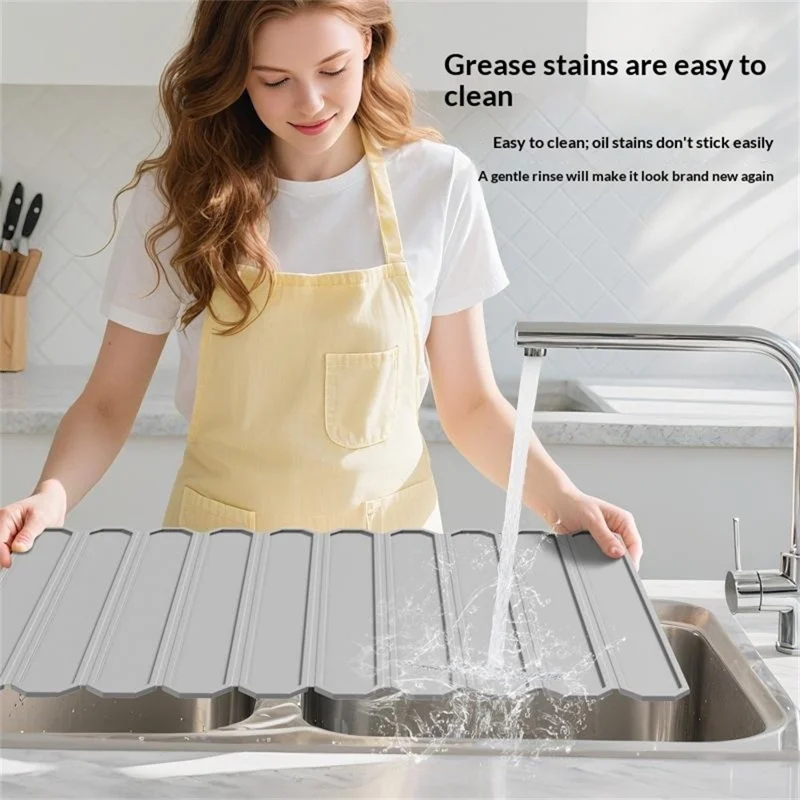 Foldable Silicone Drainage Mat Non-slip Quick-drying Heat-resistant Dish Drying Mat for Kitchen Countertop - Grey