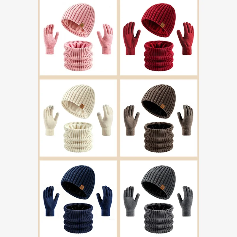 3Pcs / Set Knitted Hat Fleece Lined Scarf Touchscreen Gloves Winter Accessories for Outdoor Commuting - Beige