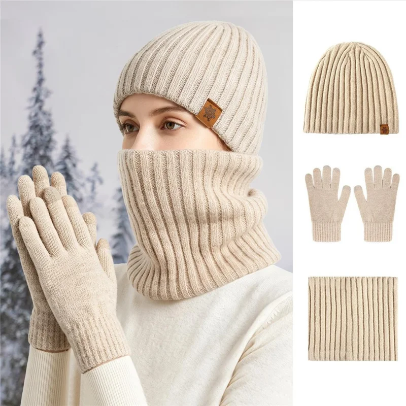 3Pcs / Set Knitted Hat Fleece Lined Scarf Touchscreen Gloves Winter Accessories for Outdoor Commuting - Beige