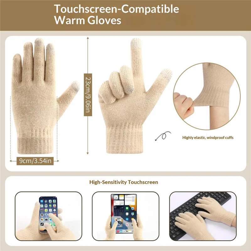 3Pcs / Set Knitted Hat Fleece Lined Scarf Touchscreen Gloves Winter Accessories for Outdoor Commuting - Beige