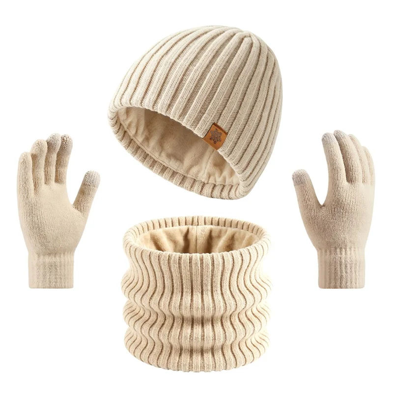 3Pcs / Set Knitted Hat Fleece Lined Scarf Touchscreen Gloves Winter Accessories for Outdoor Commuting - Beige