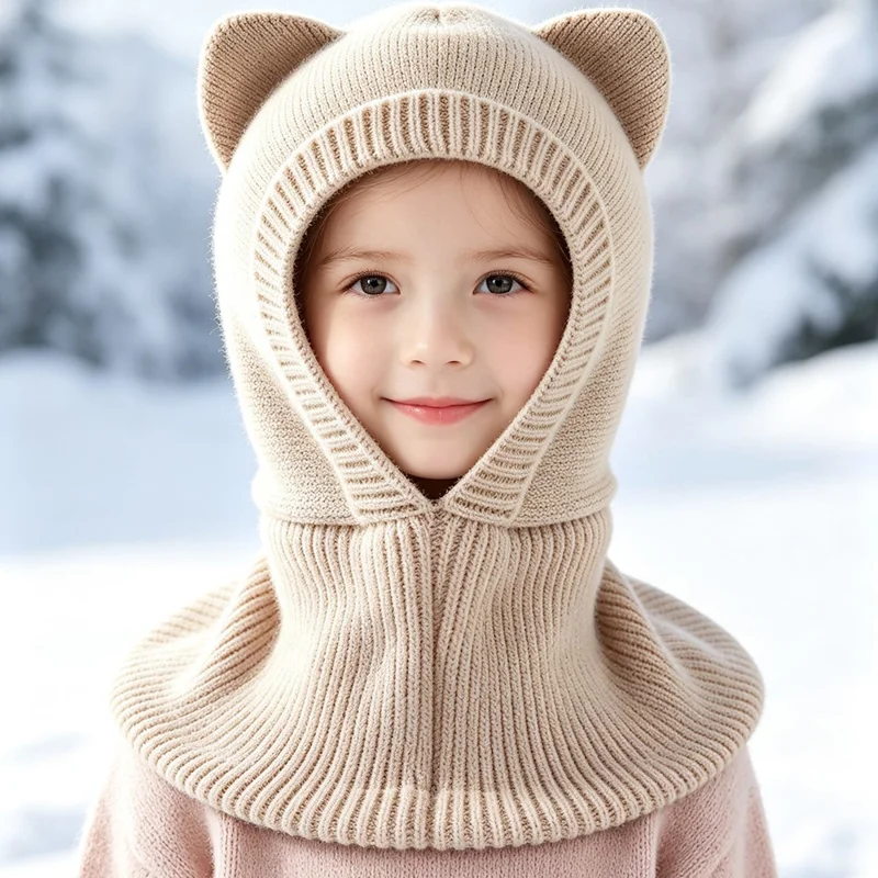 Kids Cat Ear Knitted Balaclava Soft Polyester Fiber Windproof Hat and Neck Warmer for Winter - Beige