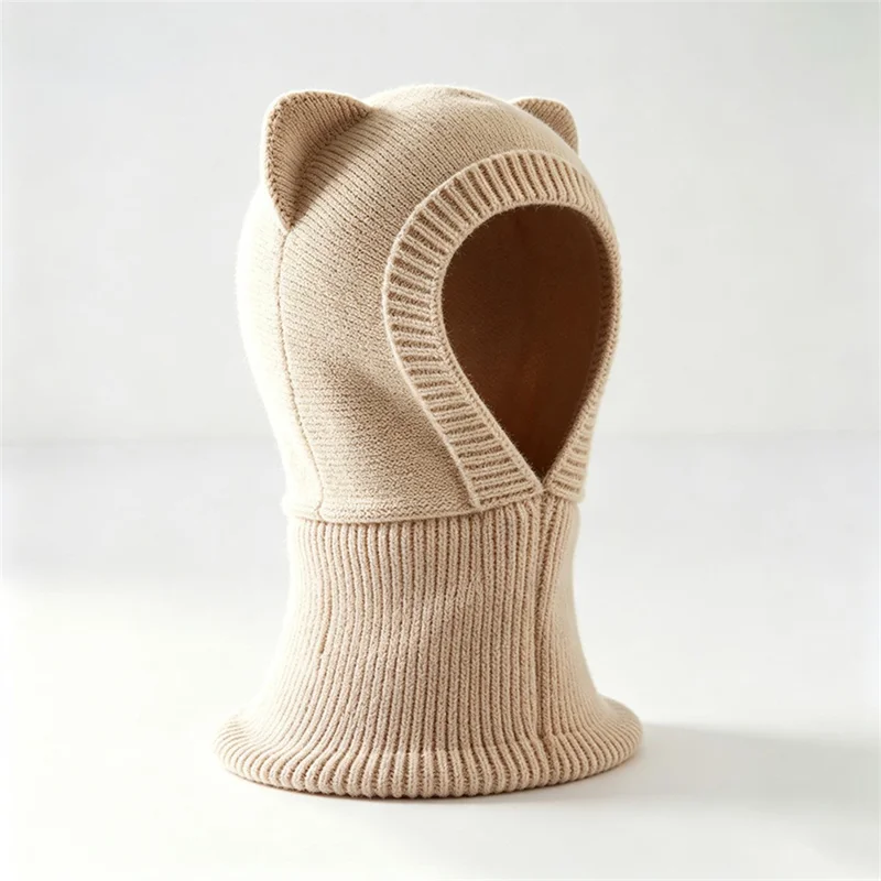 Kids Cat Ear Knitted Balaclava Soft Polyester Fiber Windproof Hat and Neck Warmer for Winter - Beige