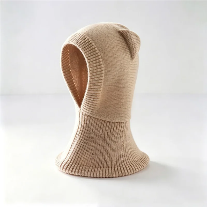 Kids Cat Ear Knitted Balaclava Soft Polyester Fiber Windproof Hat and Neck Warmer for Winter - Beige