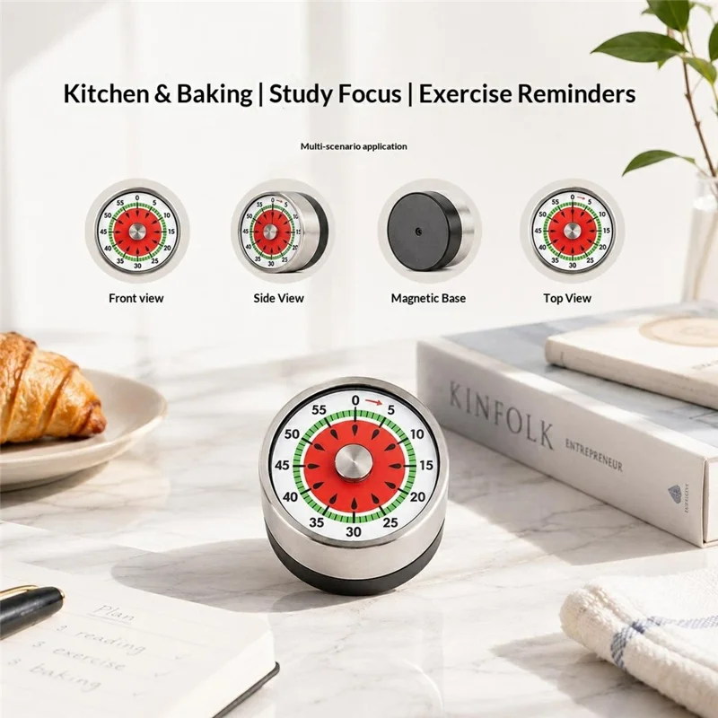 Mechanical Timer Magnetic Base 60 Min Countdown Watermelon Pattern Dial Kitchen Alarm Timer for Baking Study - Watermelon