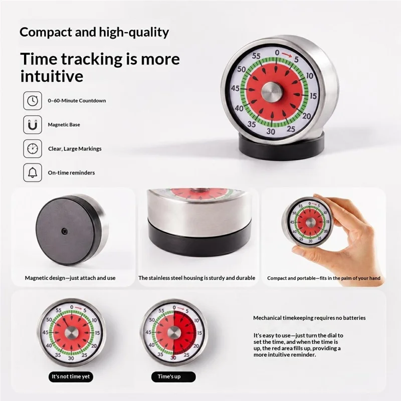 Mechanical Timer Magnetic Base 60 Min Countdown Watermelon Pattern Dial Kitchen Alarm Timer for Baking Study - Watermelon
