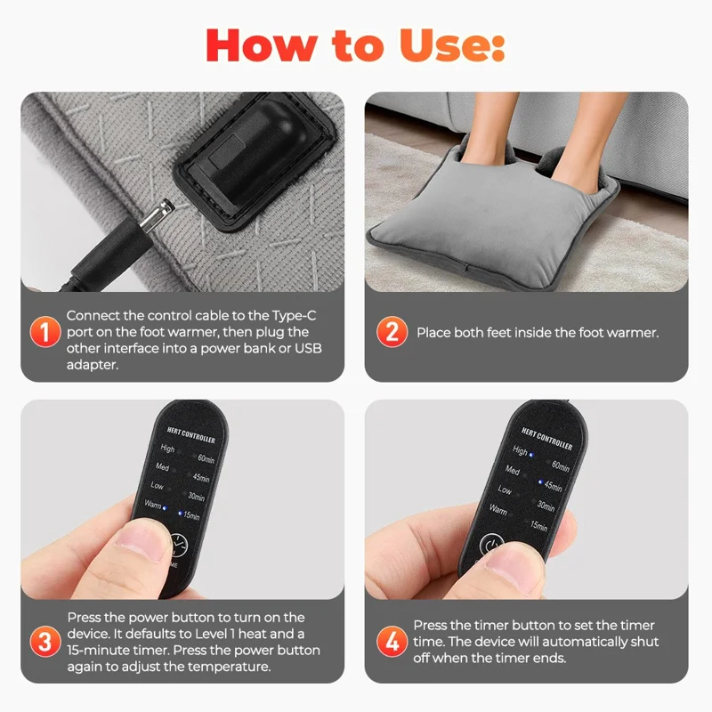 Réchauffeur de pieds électrique alimenté par USB 5 V, contrôle de température 4 niveaux, tapis chauffant antidérapant avec minuterie - Gris