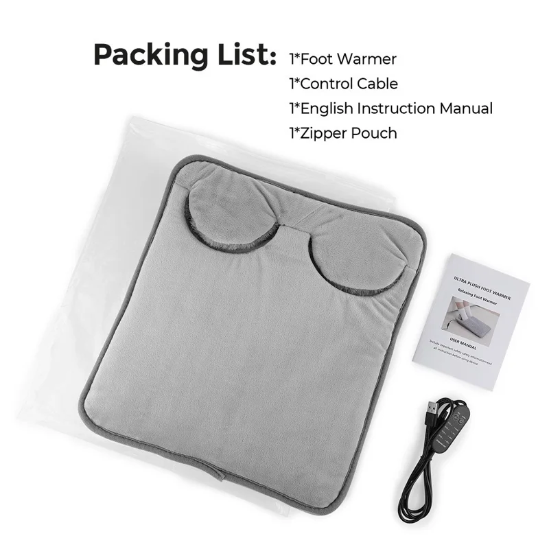 Réchauffeur de pieds électrique alimenté par USB 5 V, contrôle de température 4 niveaux, tapis chauffant antidérapant avec minuterie - Gris