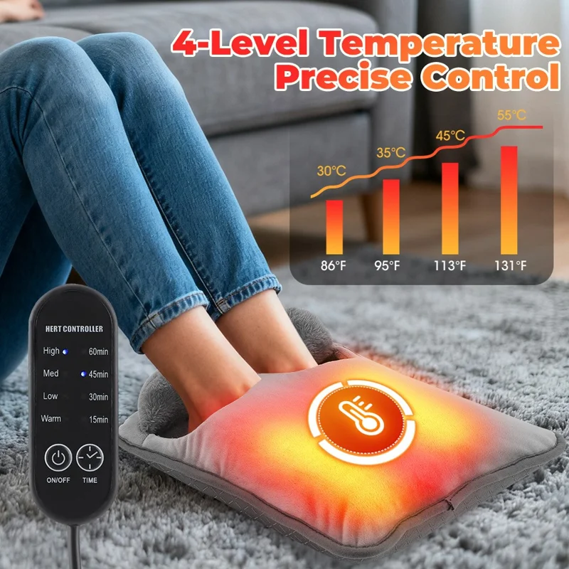 Réchauffeur de pieds électrique alimenté par USB 5 V, contrôle de température 4 niveaux, tapis chauffant antidérapant avec minuterie - Gris