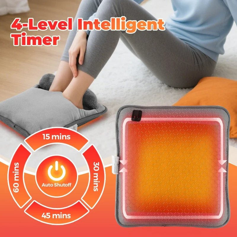 Réchauffeur de pieds électrique alimenté par USB 5 V, contrôle de température 4 niveaux, tapis chauffant antidérapant avec minuterie - Gris