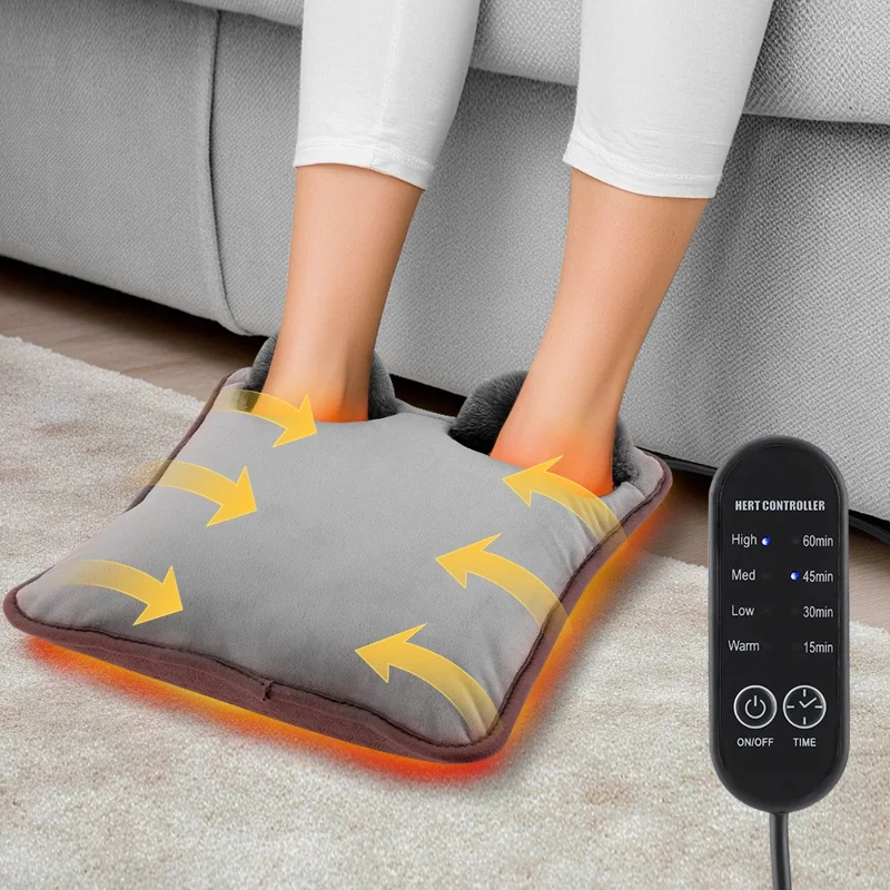 Réchauffeur de pieds électrique alimenté par USB 5 V, contrôle de température 4 niveaux, tapis chauffant antidérapant avec minuterie - Gris