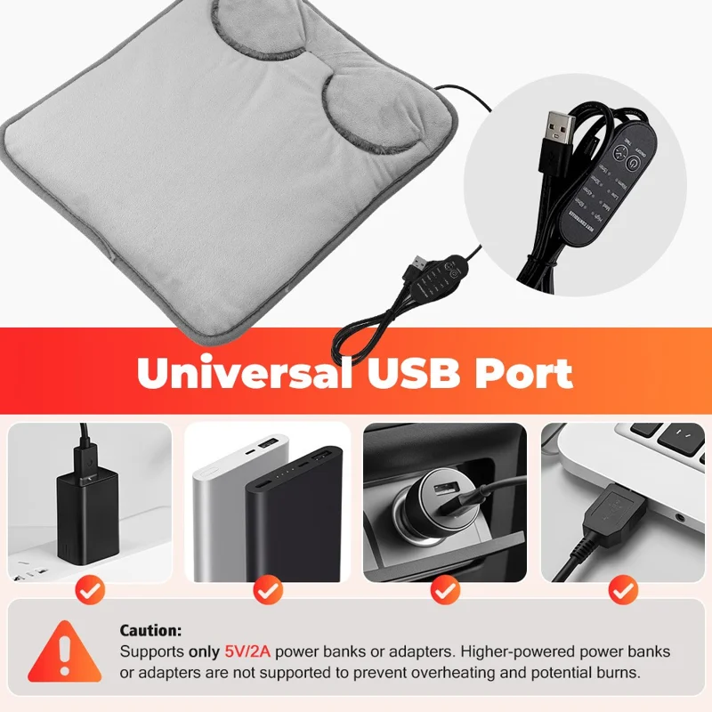 Réchauffeur de pieds électrique alimenté par USB 5 V, contrôle de température 4 niveaux, tapis chauffant antidérapant avec minuterie - Gris
