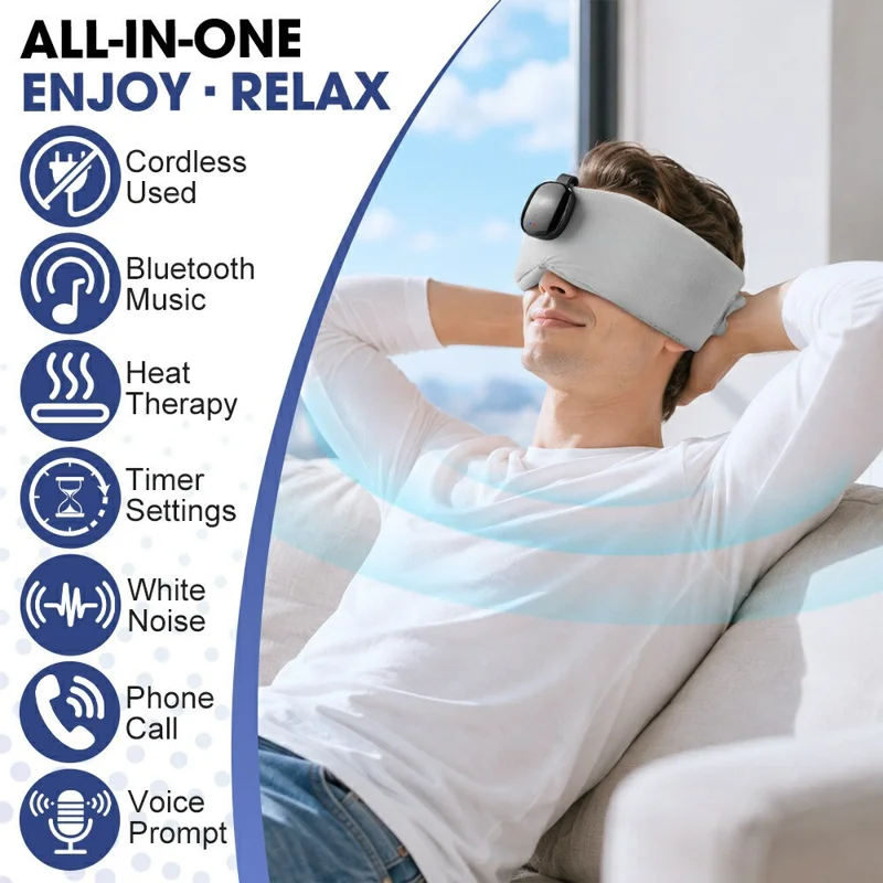 Bluetooth-compatible Music Sleep Eye Mask 50 Degrees Celsius Hot Compress 6-Gear Timer Blackout Wireless Eye Massager