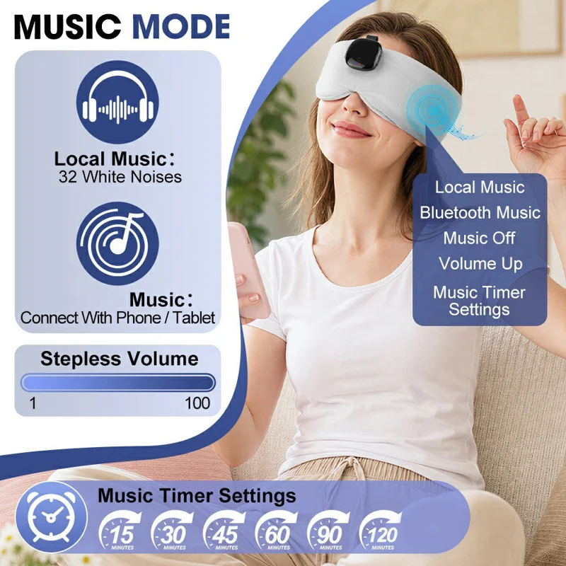 Bluetooth-compatible Music Sleep Eye Mask 50 Degrees Celsius Hot Compress 6-Gear Timer Blackout Wireless Eye Massager