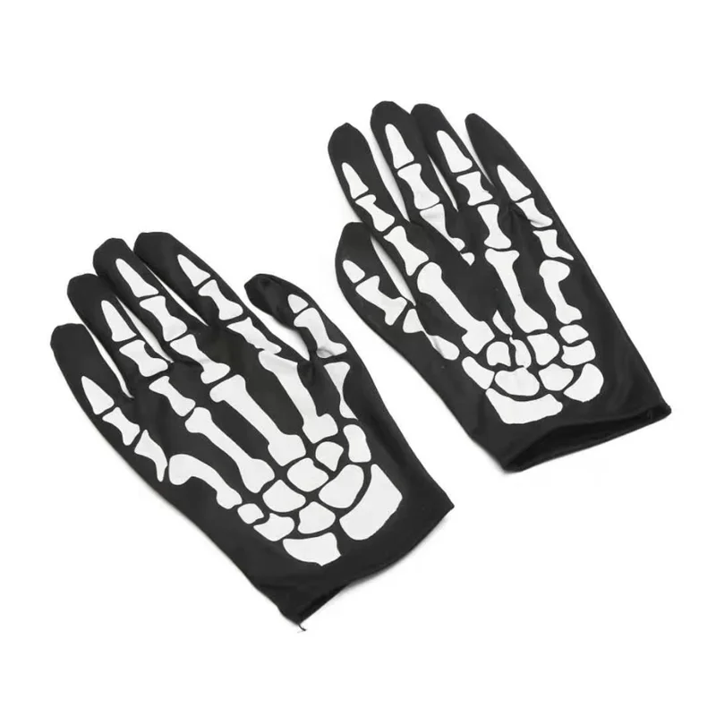 1 Pair Skeleton Pattern Full Finger Gloves for Cosplay Halloween Parties Stage Performance - Black+White