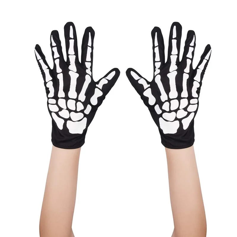 1 Pair Skeleton Pattern Full Finger Gloves for Cosplay Halloween Parties Stage Performance - Black+White