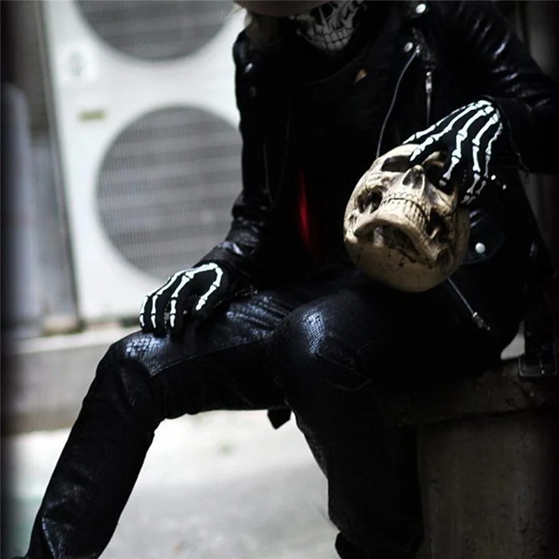 1 Pair Skeleton Pattern Full Finger Gloves for Cosplay Halloween Parties Stage Performance - Black+White