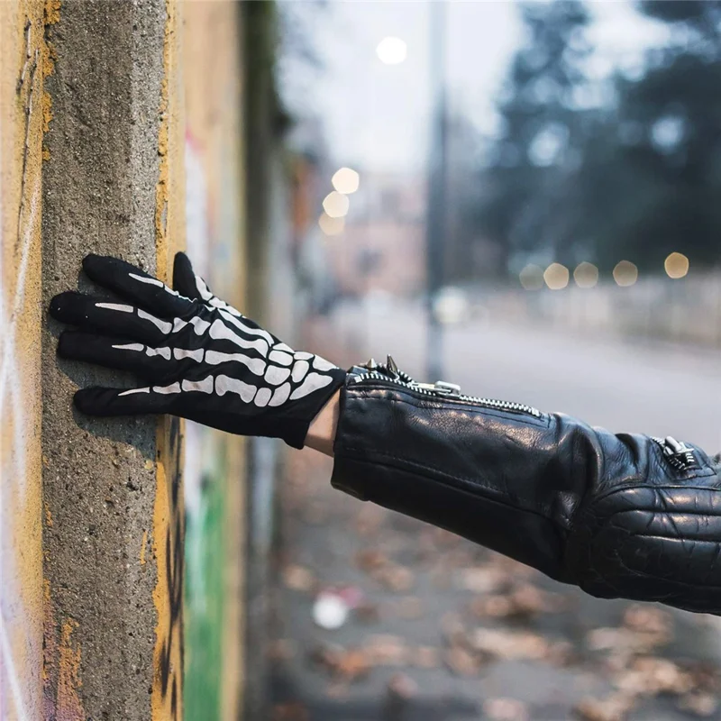 1 Pair Skeleton Pattern Full Finger Gloves for Cosplay Halloween Parties Stage Performance - Black+White