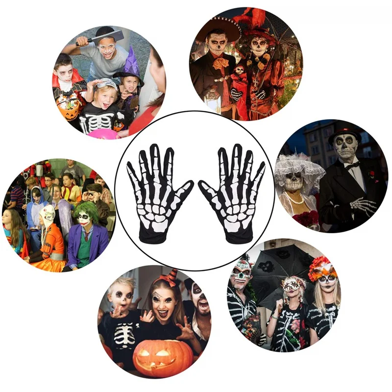 1 Pair Skeleton Pattern Full Finger Gloves for Cosplay Halloween Parties Stage Performance - Black+White