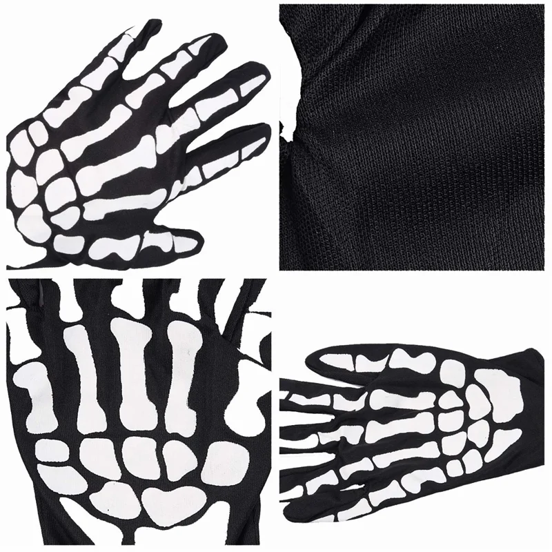 1 Pair Skeleton Pattern Full Finger Gloves for Cosplay Halloween Parties Stage Performance - Black+White