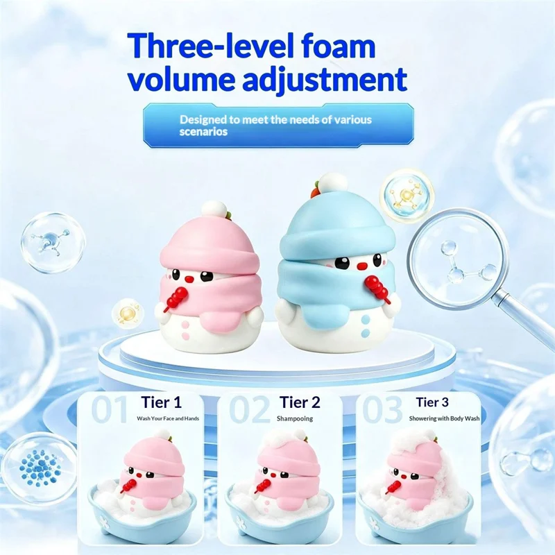 Distributore Automatico di Sapone in Schiuma 280ml, Design Cartone Animato di Uomo di Neve, Sensore 3 Livelli, Impermeabile IPX7 - Blu