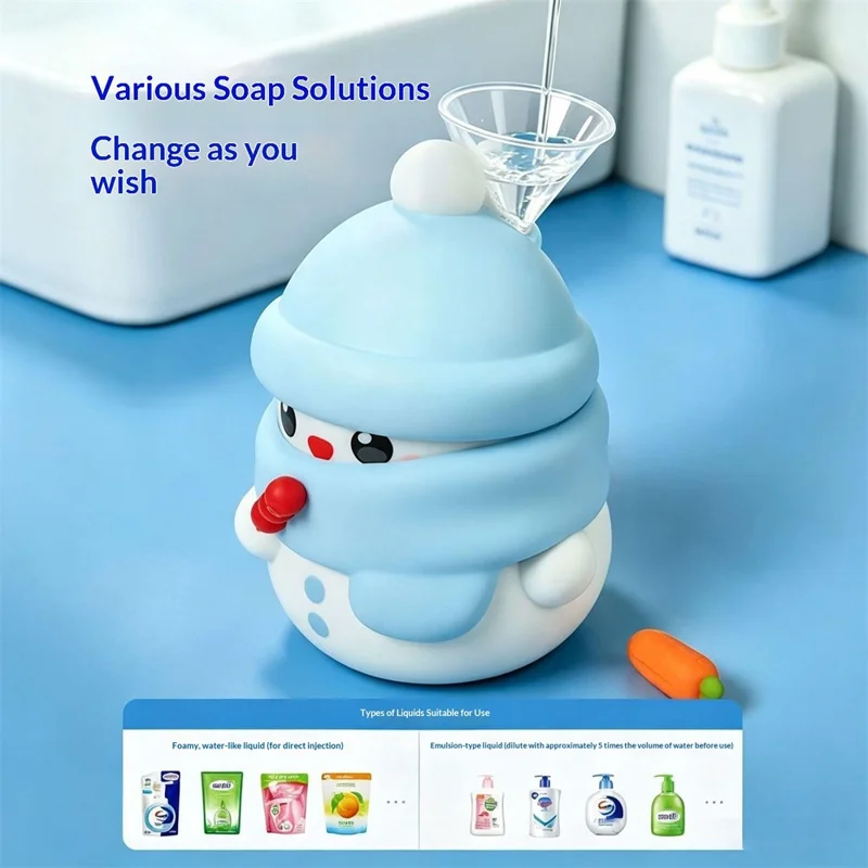 Distributore Automatico di Sapone in Schiuma 280ml, Design Cartone Animato di Uomo di Neve, Sensore 3 Livelli, Impermeabile IPX7 - Blu