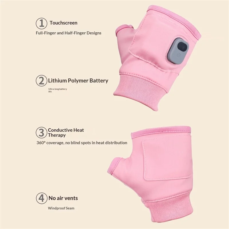 1 Pair Heated Gloves Graphene Heating 3-Level Temperature Control Touchscreen Half-Finger for Cycling - Pink