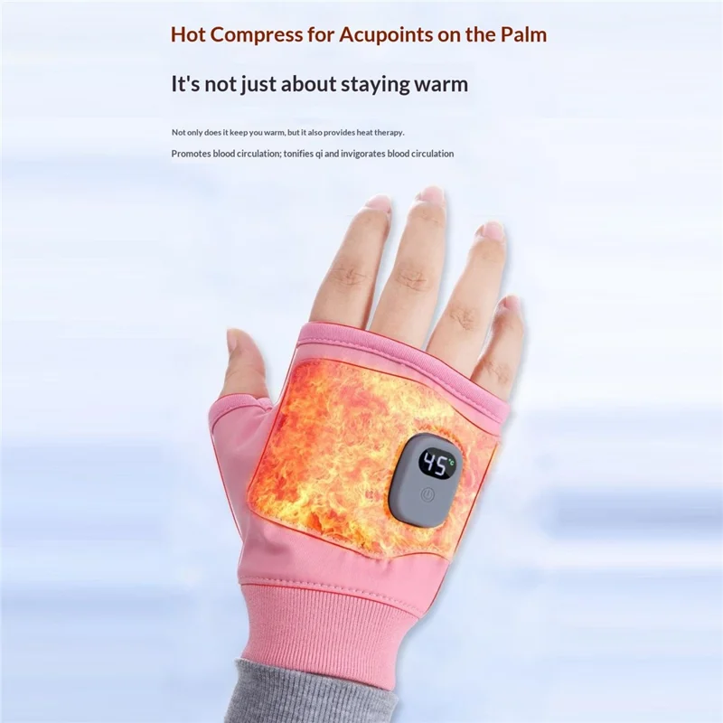 1 Pair Heated Gloves Graphene Heating 3-Level Temperature Control Touchscreen Half-Finger for Cycling - Pink