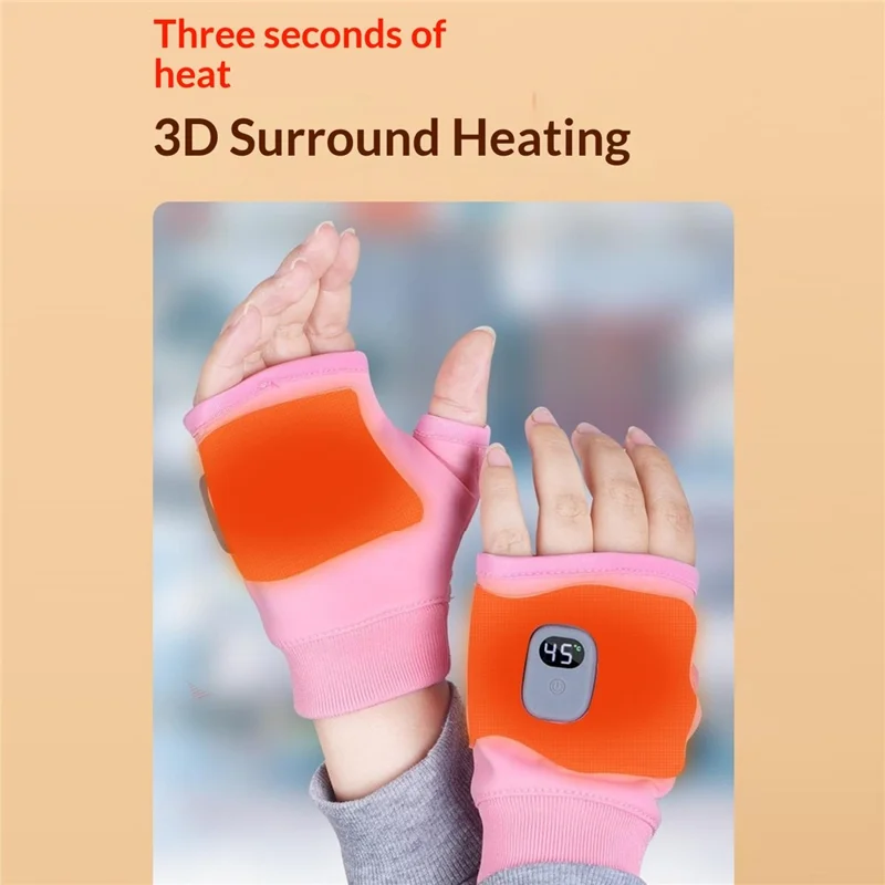 1 Pair Heated Gloves Graphene Heating 3-Level Temperature Control Touchscreen Half-Finger for Cycling - Pink