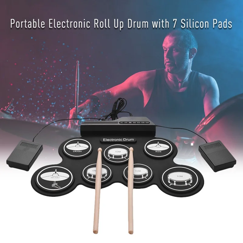 Batteria Elettronica Arrotolabile a 7 Pads in Silicone + ABS, Kit Pieghevole per Esercitarsi a Casa - Nero