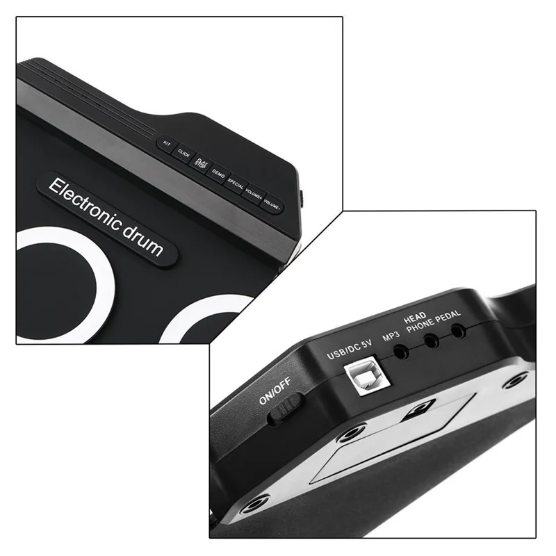 Batteria Elettronica Arrotolabile a 7 Pads in Silicone + ABS, Kit Pieghevole per Esercitarsi a Casa - Nero