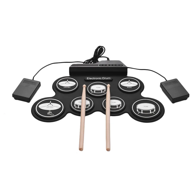 Batteria Elettronica Arrotolabile a 7 Pads in Silicone + ABS, Kit Pieghevole per Esercitarsi a Casa - Nero