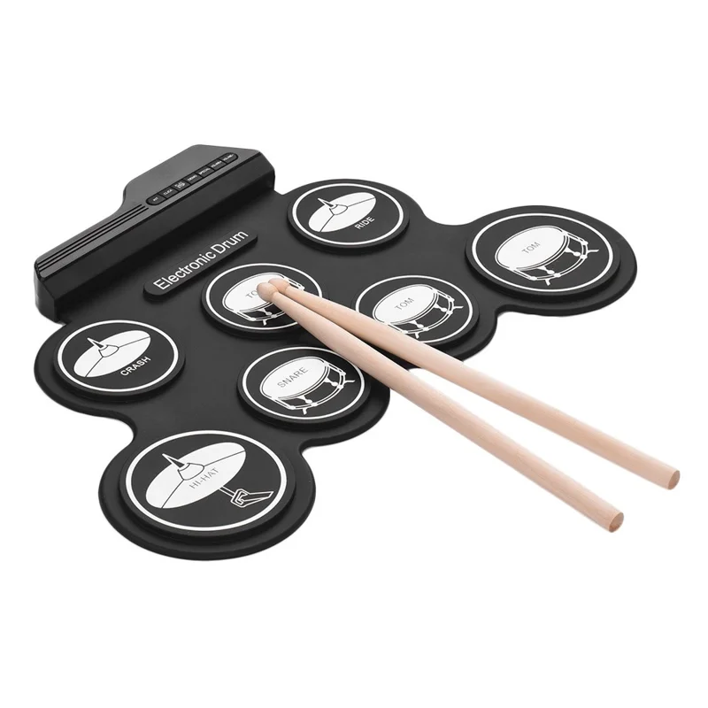 Batteria Elettronica Arrotolabile a 7 Pads in Silicone + ABS, Kit Pieghevole per Esercitarsi a Casa - Nero