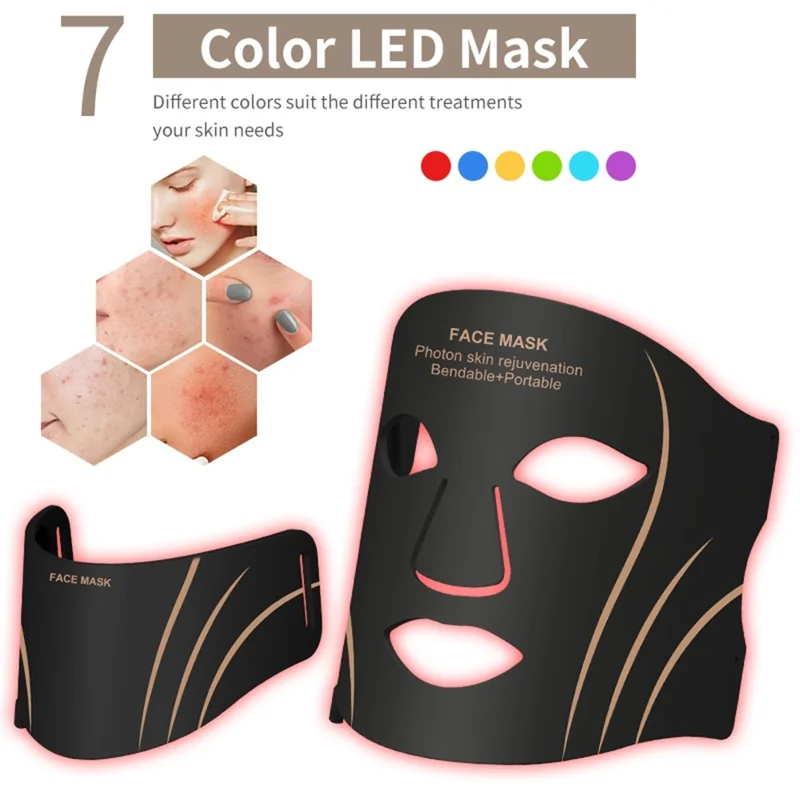 7-Color LED Face and Neck Beauty Mask Soft Silicone 1200mAh for Home Use - Black