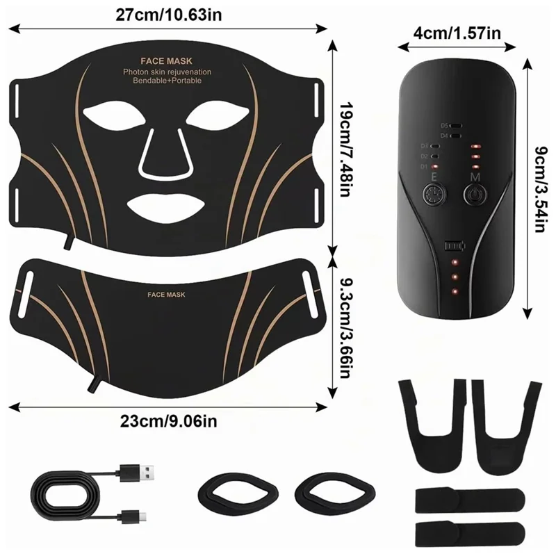 7-Color LED Face and Neck Beauty Mask Soft Silicone 1200mAh for Home Use - Black