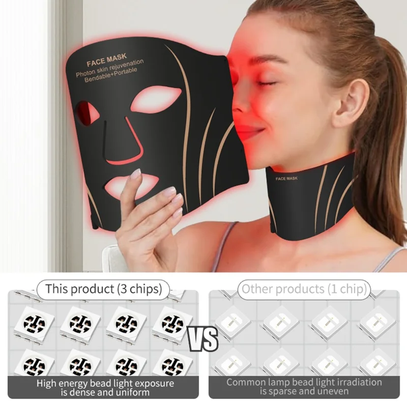 7-Color LED Face and Neck Beauty Mask Soft Silicone 1200mAh for Home Use - Black