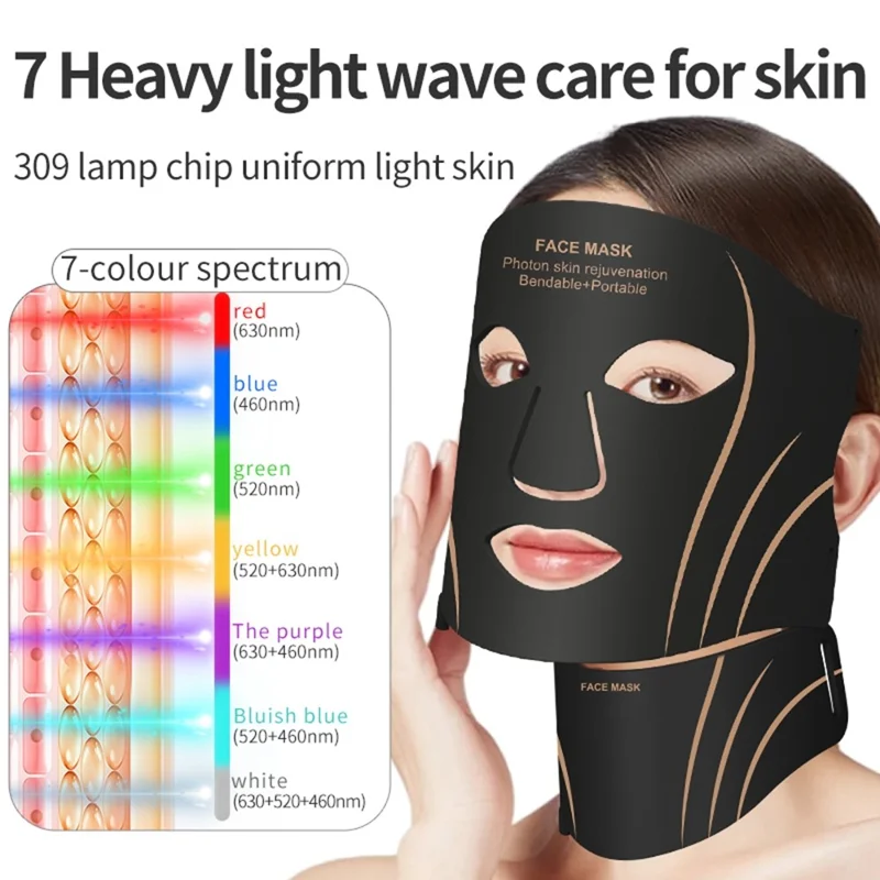 7-Color LED Face and Neck Beauty Mask Soft Silicone 1200mAh for Home Use - Black
