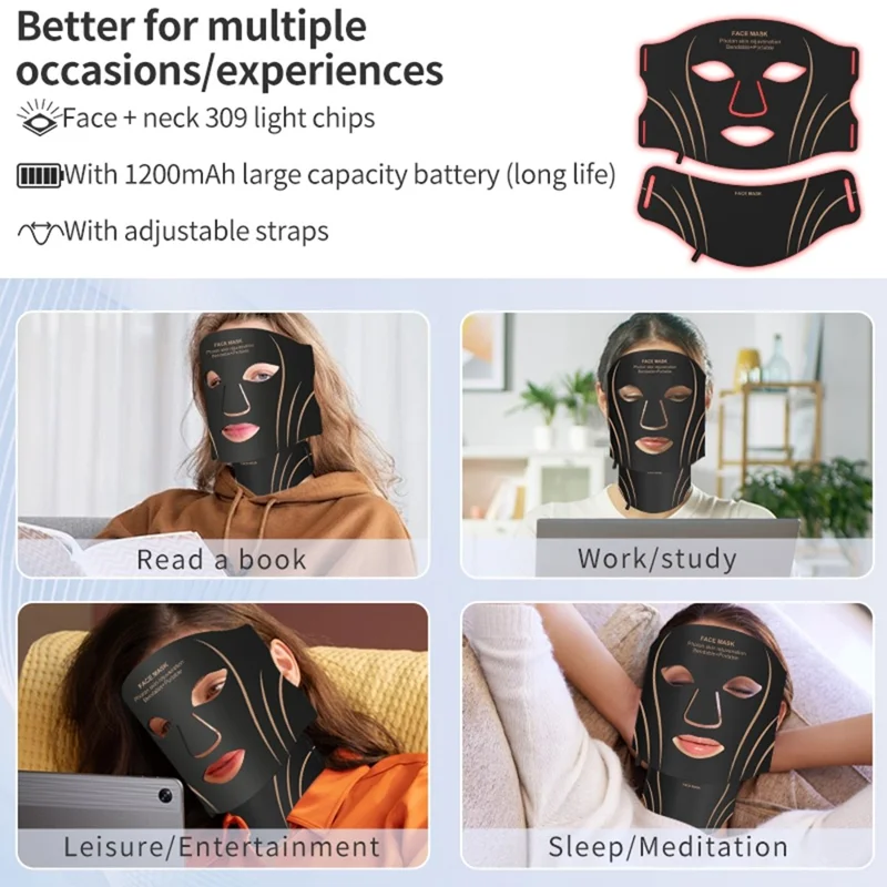 7-Color LED Face and Neck Beauty Mask Soft Silicone 1200mAh for Home Use - Black