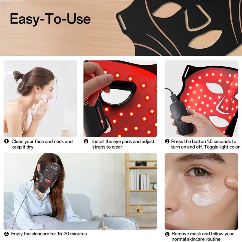 7-Color LED Face and Neck Beauty Mask Soft Silicone 1200mAh for Home Use - Black