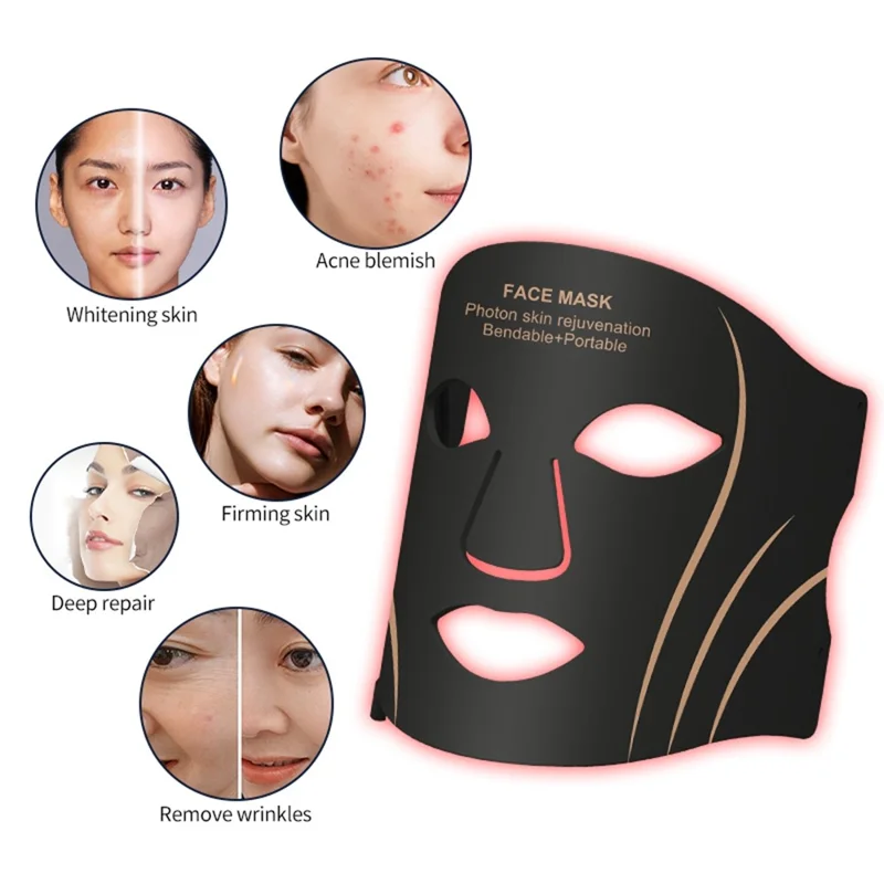 7-Color LED Face and Neck Beauty Mask Soft Silicone 1200mAh for Home Use - Black