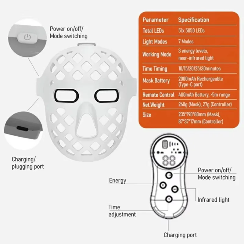 5D LED Beauty Mask 2.5W 7-Mode Light Therapy ABS + Silicone Face Mask with Timer - White
