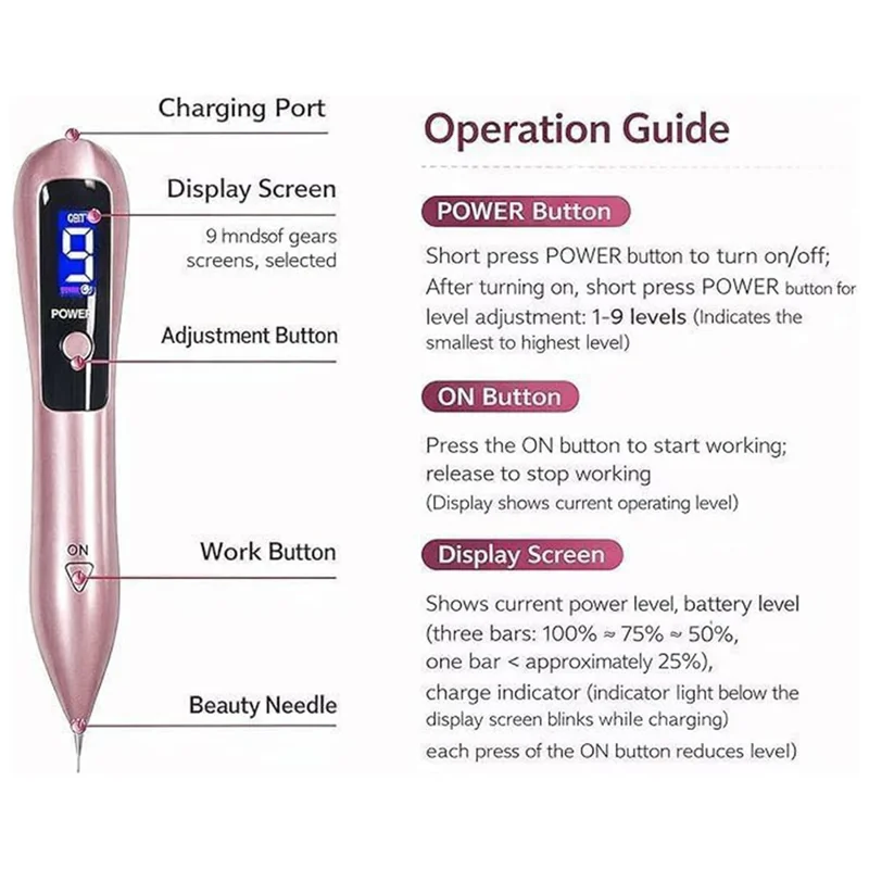 9-Level Mole Removal Pen 5.5W LED Display USB Charging for Home Beauty Care - Rose
