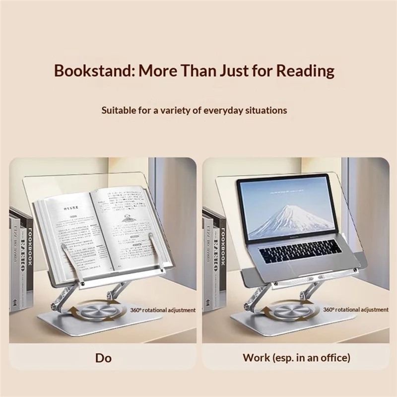 30 x 24cm 5mm Glass Book Stand 360° Rotating Adjustable Aluminum Alloy Reading Holder - Silver