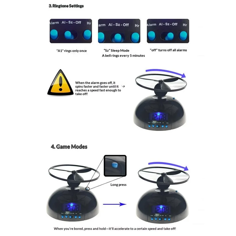 Flygande propeller Smart weckur med 14 cm bas, LCD-backlight och slumretang