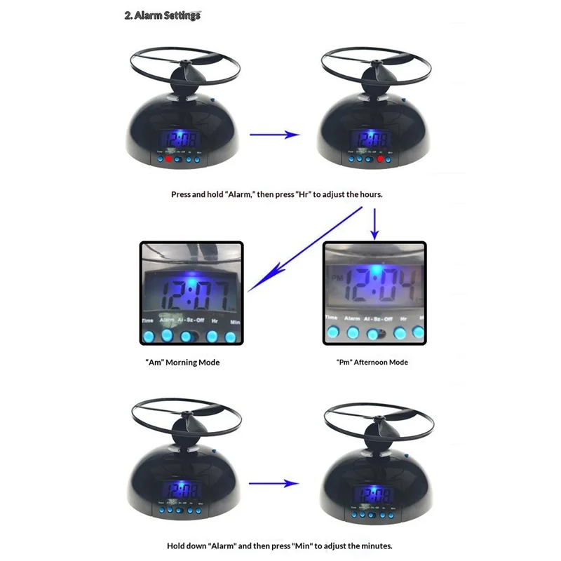 Flygande propeller Smart weckur med 14 cm bas, LCD-backlight och slumretang