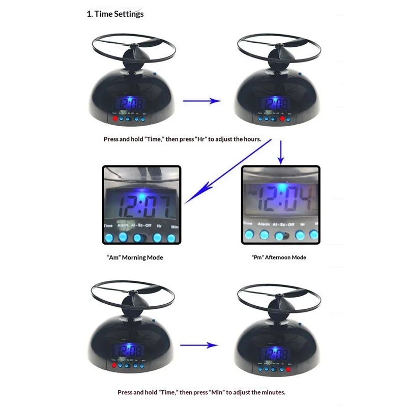 Flygande propeller Smart weckur med 14 cm bas, LCD-backlight och slumretang