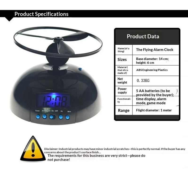 Flygande propeller Smart weckur med 14 cm bas, LCD-backlight och slumretang