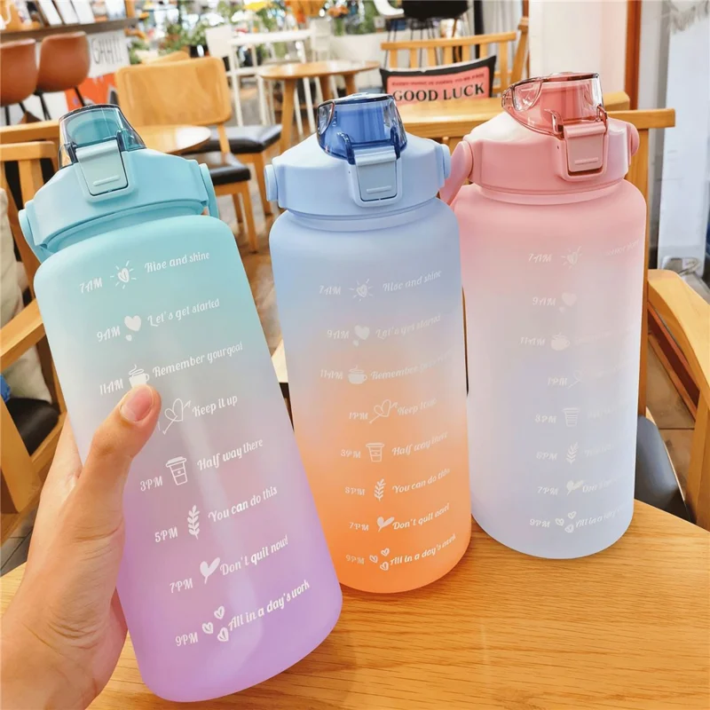 2L PP + PC Water Bottle with Time Markings Flip Lid Detachable Straw Handle Large Capacity Gradient Water Cup - Cyan