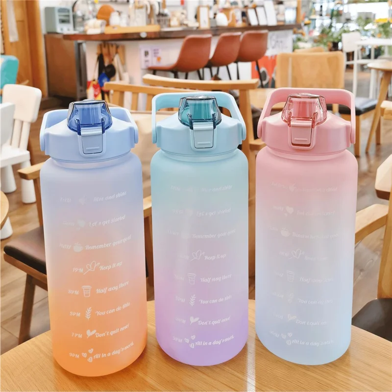 2L PP + PC Water Bottle with Time Markings Flip Lid Detachable Straw Handle Large Capacity Gradient Water Cup - Cyan