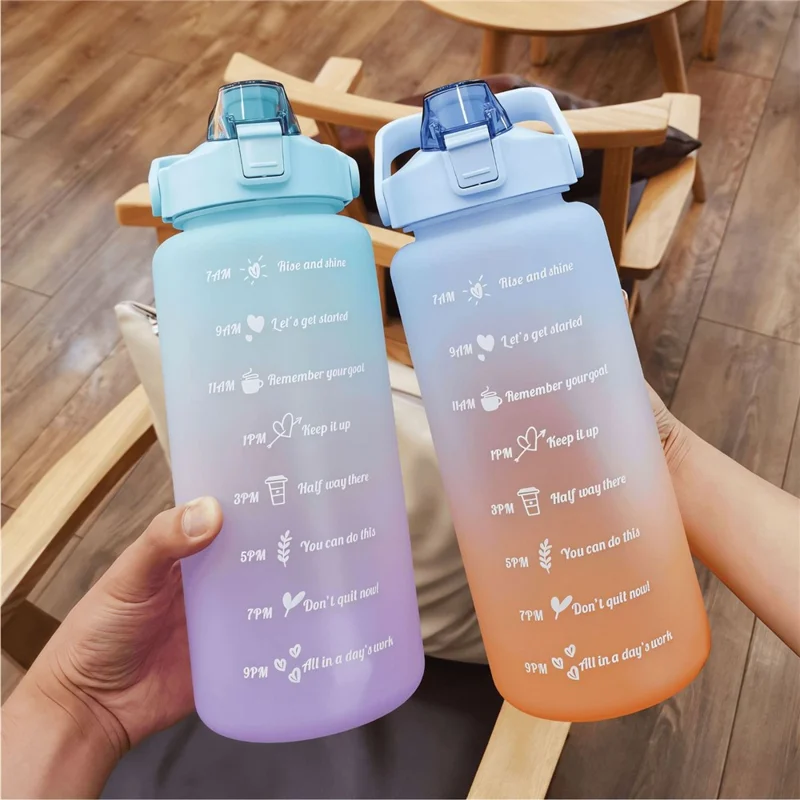 2L PP + PC Water Bottle with Time Markings Flip Lid Detachable Straw Handle Large Capacity Gradient Water Cup - Cyan
